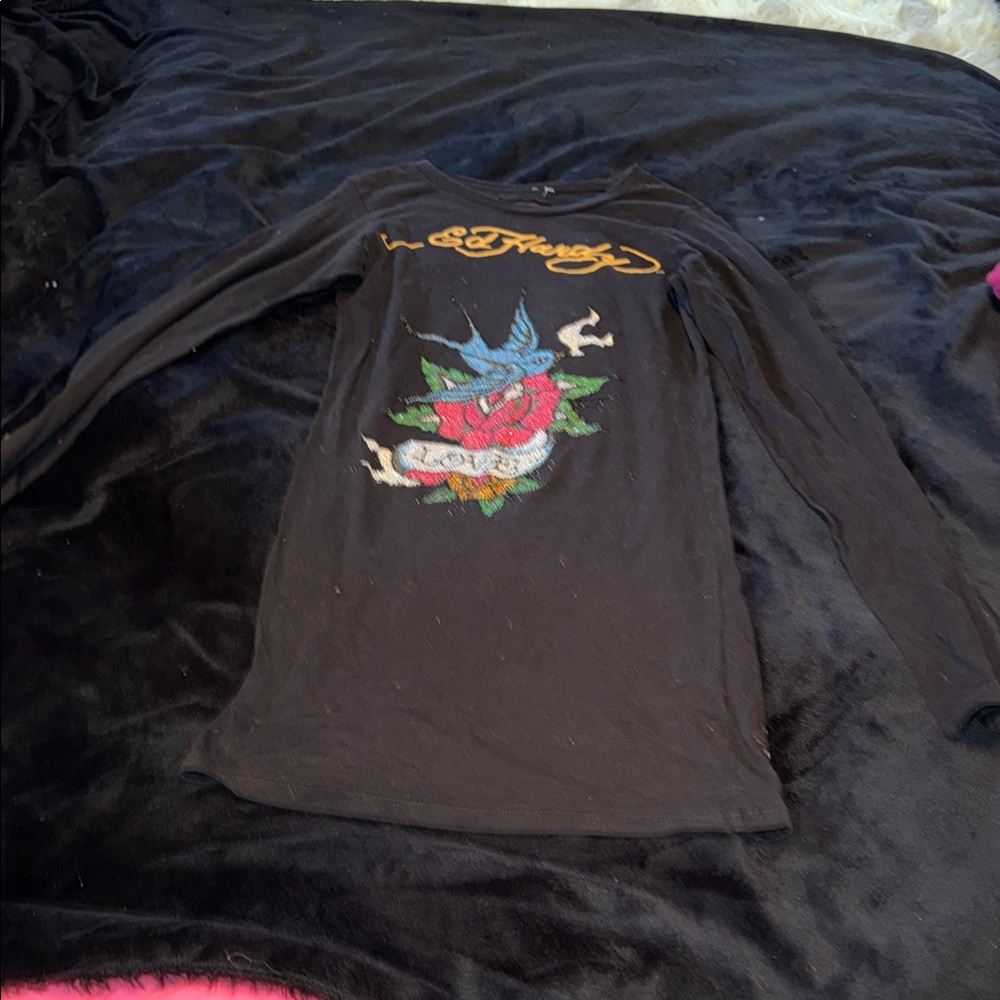 Ed Hardy Black Long Sleeve Tee with Red Heart and Blue Swallow